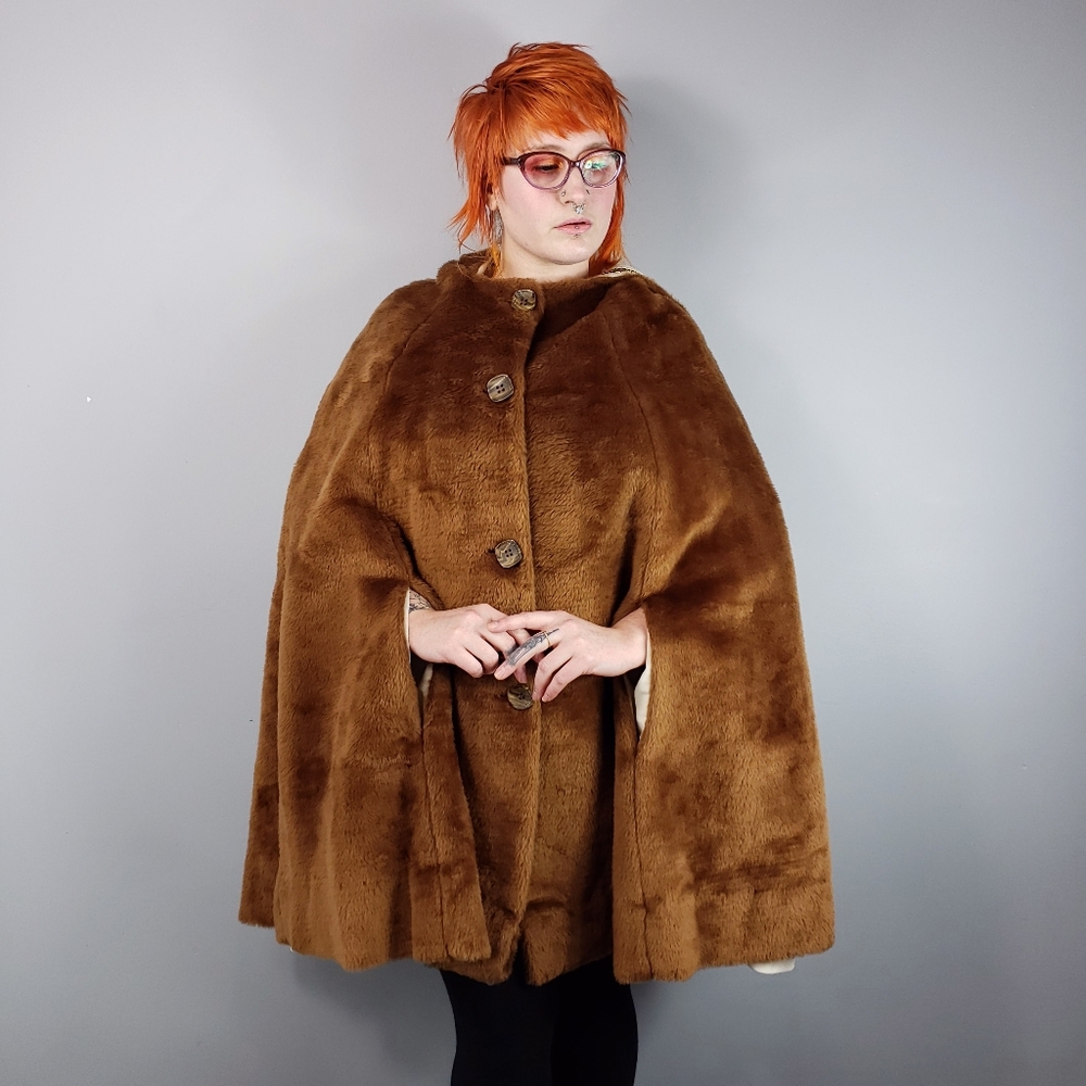70s Vintage Faux Fur Hooded Poncho Cape Brown